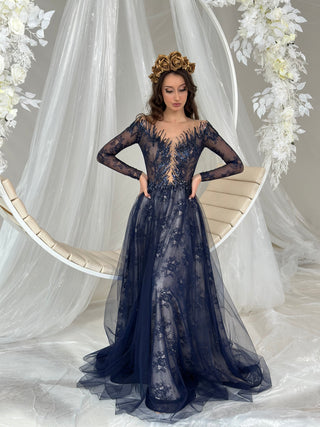 Navy blue lace long sleeve evening gown - Dioma