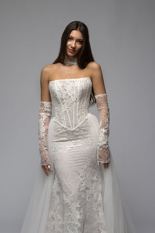 Strapless lace mermaid wedding dress with low waist corset, long lace gloves and detachable tulle train
