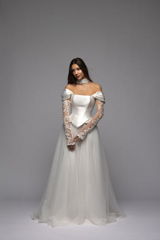 Mikado Basque Waist Corset Tulle Skirt Wedding Dress Cadence - Dioma Fashion Mikado Basque Waist Corset Tulle Skirt Wedding Dress Cadence - Dioma Fashion