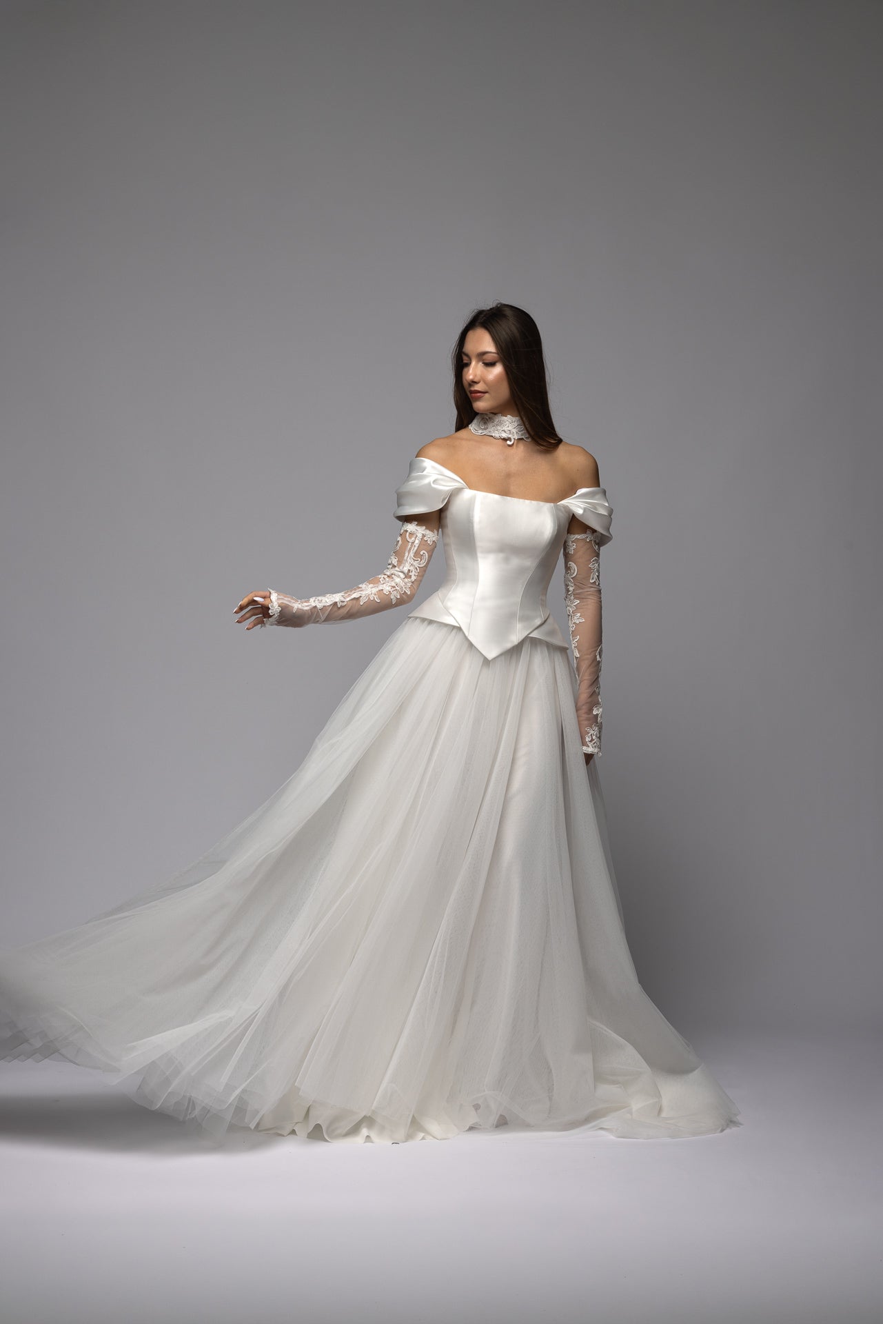 Mikado Basque Waist Corset Tulle Skirt Wedding Dress Cadence