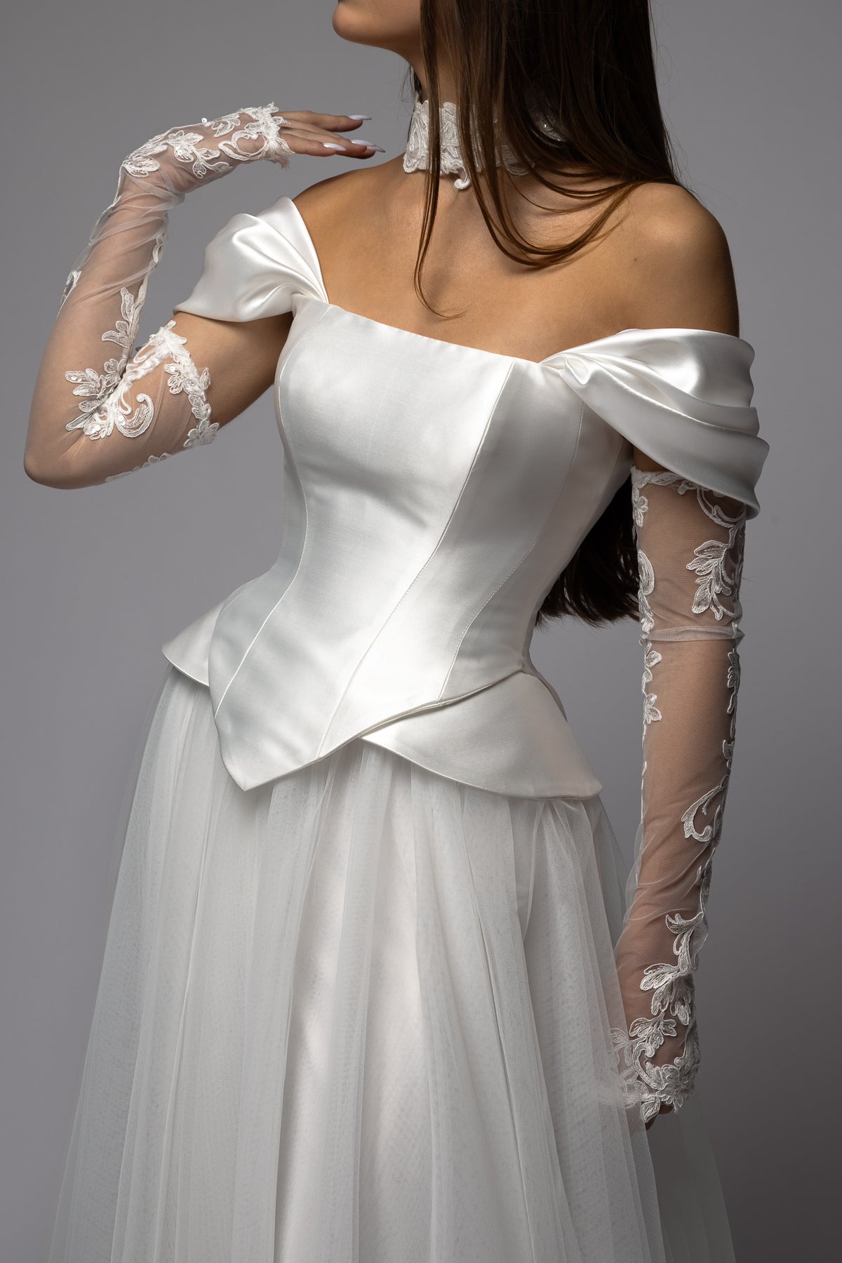 Mikado Basque Waist Corset Tulle Skirt Wedding Dress Cadence - Dioma Fashion