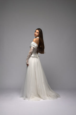 Mikado Basque Waist Corset Tulle Skirt Wedding Dress Cadence