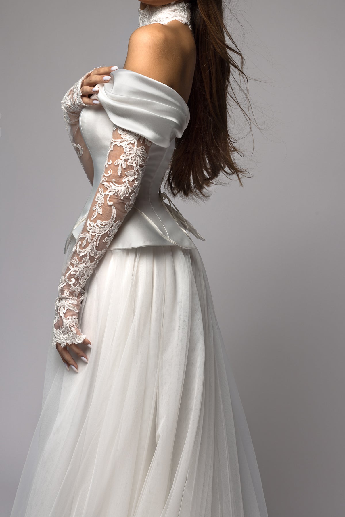 Mikado Basque Waist Corset Tulle Skirt Wedding Dress Cadence Mikado Basque Waist Corset Tulle Skirt Wedding Dress Cadence