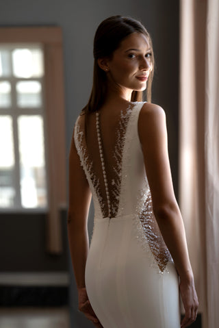 Grace mermaid wedding dress with covered buttons and illusion detail, back