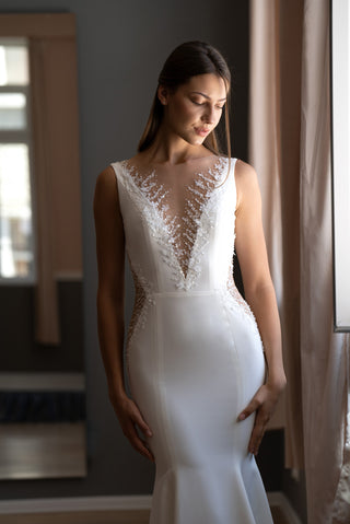 Grace elegant mermaid crepe wedding dress with deep V-neck, front