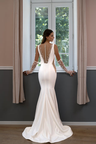 Elegant mermaid crepe wedding dress grace long train, back