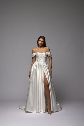 Minimalist Mikado Off Shoulder A-line Wedding Dress Note