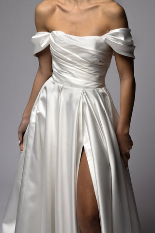 Minimalist Mikado Off Shoulder A-line Wedding Dress Note
