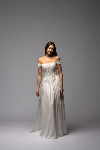 Beaded Off Shoulder Corset Chiffon Skirt A-line Wedding Dress Symphony
