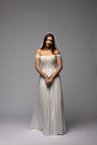 Beaded Off Shoulder Corset Chiffon Skirt A-line Wedding Dress Symphony