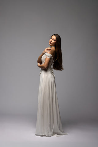 Beaded Off Shoulder Corset Chiffon Skirt A-line Wedding Dress Symphony