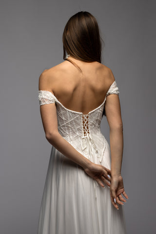 Beaded Off Shoulder Corset Chiffon Skirt A-line Wedding Dress Symphony