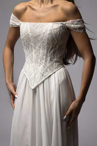 Beaded Off Shoulder Corset Chiffon Skirt A-line Wedding Dress Symphony