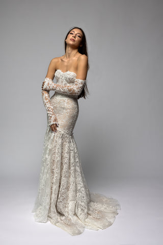 hand-stitched lace wedding dress Dahlia Elegant Lace Wedding Dress | Timeless Grace