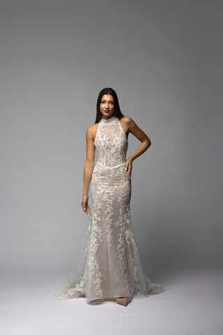 Brautkleid im Meerjungfrauenstil mit Spitzen-Neckholder und tiefer Taille, Viola