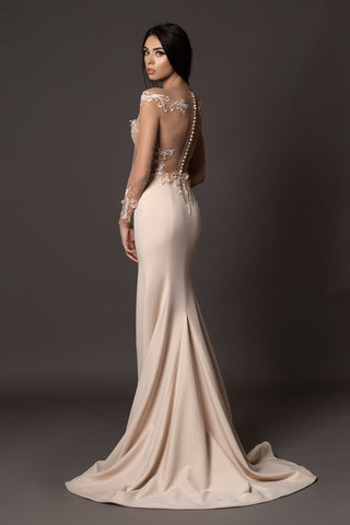 Elegant Beige Dress with Long Sleeves - Dioma Fashion