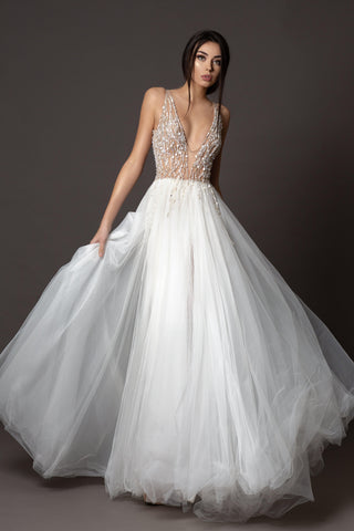 Ethereal Tulle Beaded Wedding Gown with Deep V and Open Back - Ready To Ship - Dioma Fashion