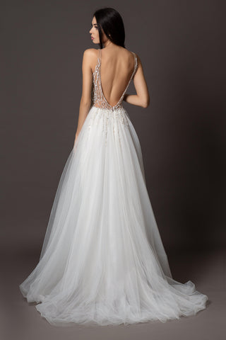 Ethereal Tulle Beaded Wedding Gown with Deep V and Open Back - Ready To Ship - Dioma Fashion