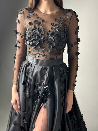 Floral Black Gothic Gown A-line with Long Sleeves - Dioma Fashion