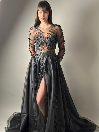 Floral Black Gothic Gown A-line with Long Sleeves - Dioma Fashion