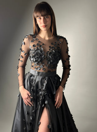 Floral Black Gothic Gown A-line with Long Sleeves - Dioma Fashion