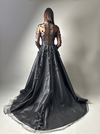 Floral Black Gothic Gown A-line with Long Sleeves - Dioma Fashion