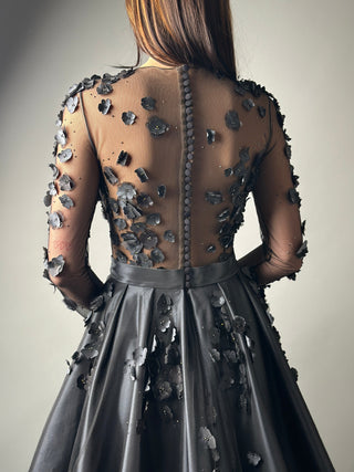 Floral Black Gothic Gown A-line with Long Sleeves - Dioma Fashion