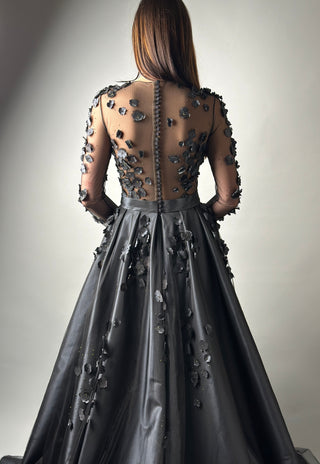 Floral Black Gothic Gown A-line with Long Sleeves - Dioma Fashion