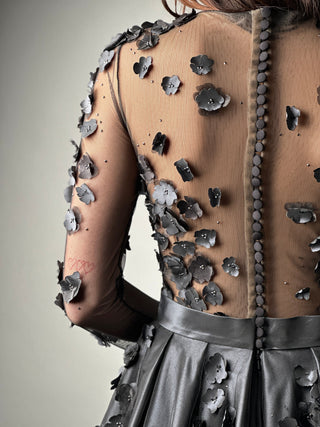 Floral Black Gothic Gown A-line with Long Sleeves - Dioma Fashion