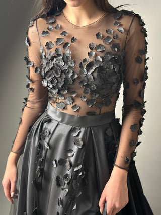 Floral Black Gothic Gown A-line with Long Sleeves - Dioma Fashion