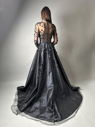 Floral Black Gothic Gown A-line with Long Sleeves - Dioma Fashion
