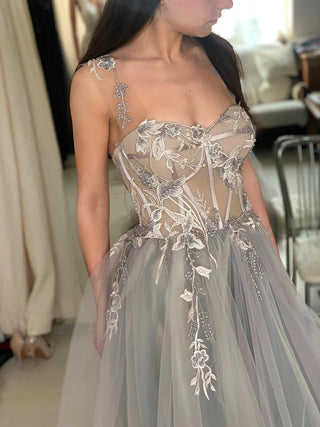 Blush a-line floral embroidered evening gown - Dioma