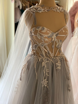Blush a-line floral embroidered evening gown - Dioma