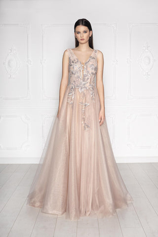 Floral Lace Blush Pink Tulle Gown - Dioma Fashion