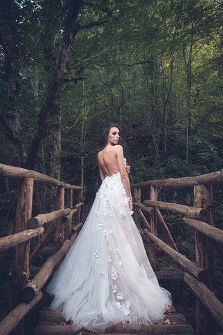 Floral wedding dress Open Back A-line with 3D flowers - Dioma Fashion