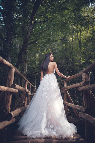 Floral wedding dress Open Back A-line with 3D flowers - Dioma Fashion