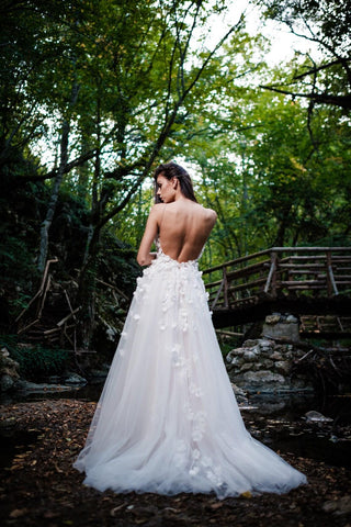 Floral wedding dress Open Back A-line with 3D flowers - Dioma Fashion