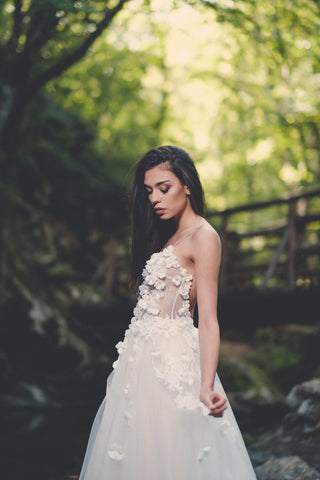 Floral wedding dress Open Back A-line with 3D flowers - Dioma Fashion