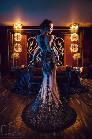 Gothic Black Mermaid Gown Long Sleeve