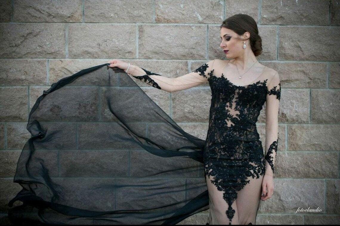 Gothic Black Mermaid Gown Long Sleeve | Black Lace Wedding Dress Gothic Black Mermaid Gown Long Sleeve | Black Lace Wedding Dress