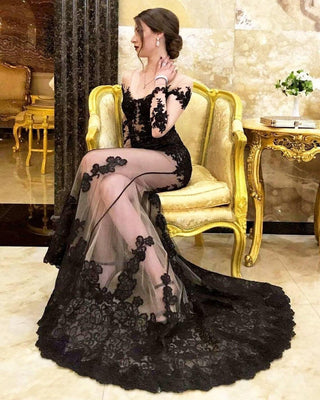 Gothic Black Mermaid Gown Long Sleeve - Dioma Fashion
