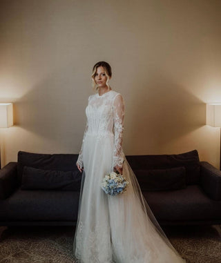 High Neck Floral Lace A-line Gown Maggie - Dioma Fashion