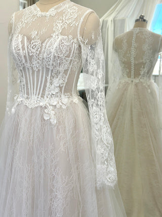 High Neck Floral Lace A-line Gown Maggie - Dioma Fashion