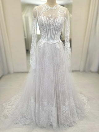 High Neck Floral Lace A-line Gown Maggie - Dioma Fashion