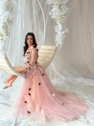 Pink Floral Colorful Gown Long Sleeve - In Stock - Dioma Fashion