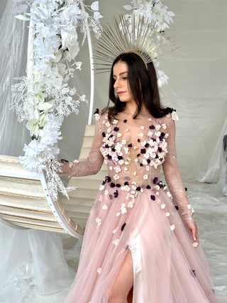Pink Floral Colorful Gown Long Sleeve - In Stock - Dioma Fashion
