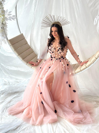 Pink Floral Colorful Gown Long Sleeve - In Stock - Dioma Fashion