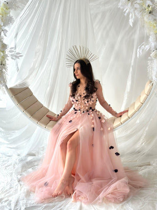 Pink floral long-sleeve open-back evening gown - Dioma