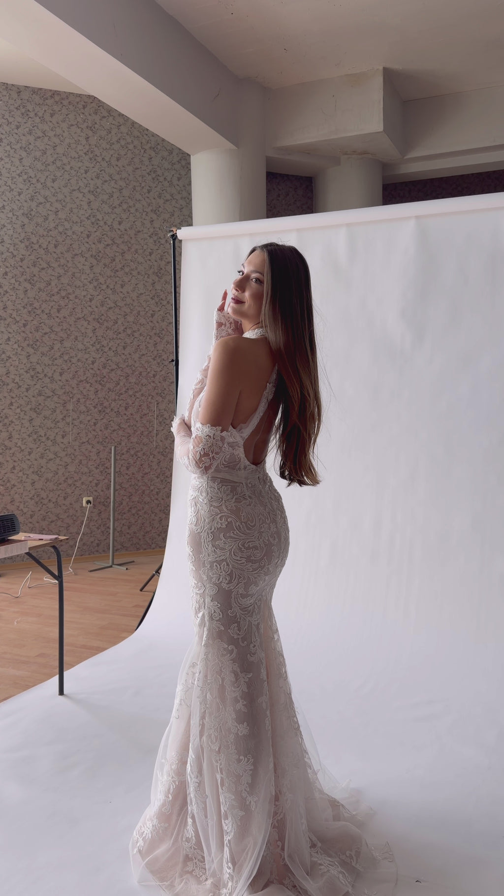 Lace halter neck mermaid wedding dress with drop waist and open back 