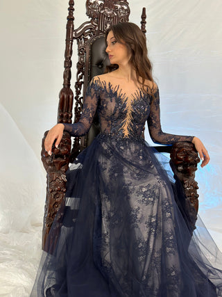 Unique Blue Lace Gown with Long Sleeves - Dioma Fashion